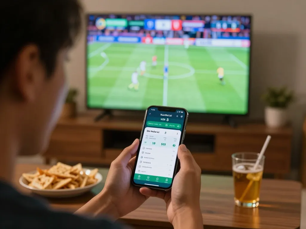 Person placing bets using keo nha cai 5 app during live football match excitement.