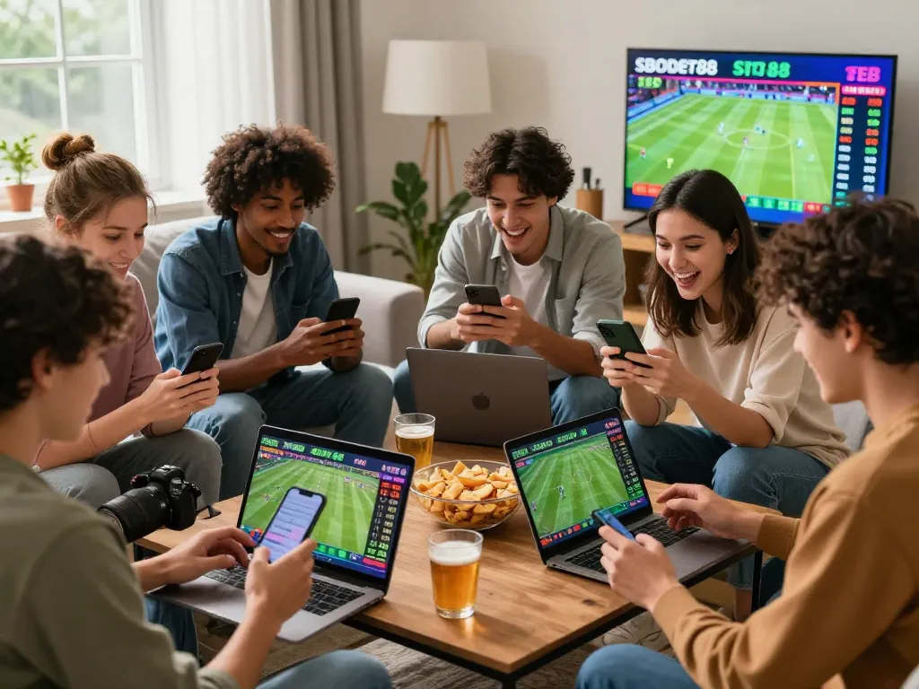 Friends excitedly placing bets on SBOBET88 in a cozy living room setting.