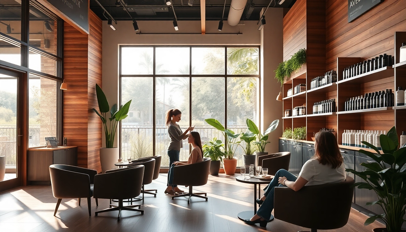Aveda salon San Diego showcasing a stylist creating a stunning hair transformation in a warm, inviting setting.