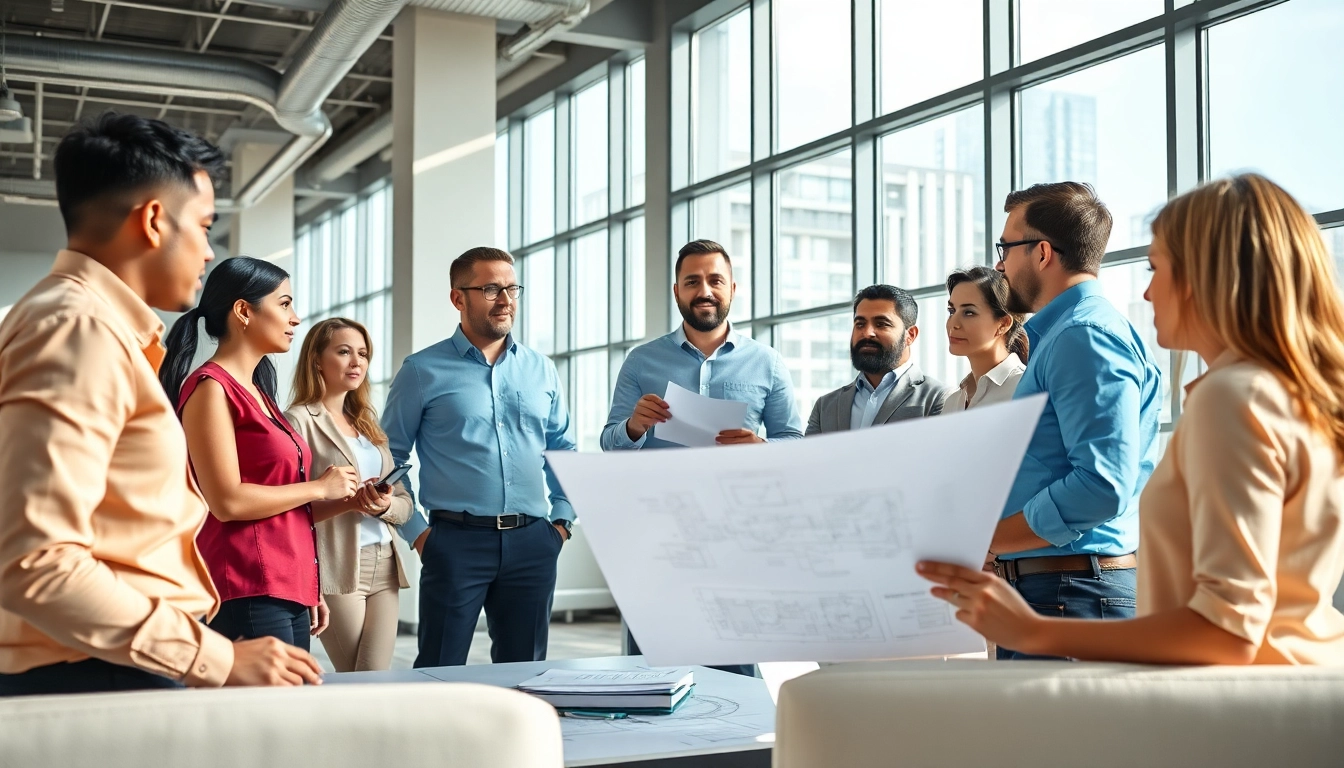 Engaged professionals in a construction member organization collaborating with blueprints and architecture plans.