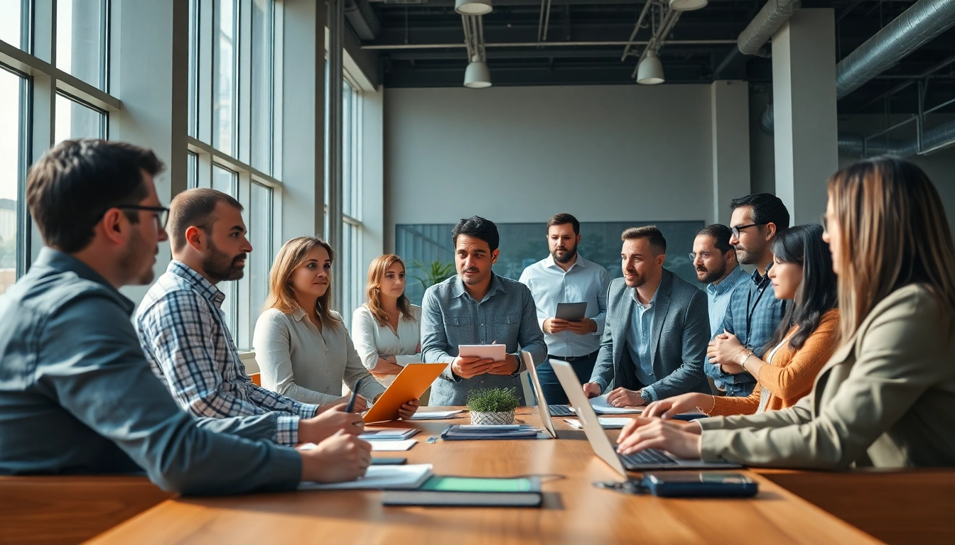 Engaged construction member organization collaborating in a bright office setting.
