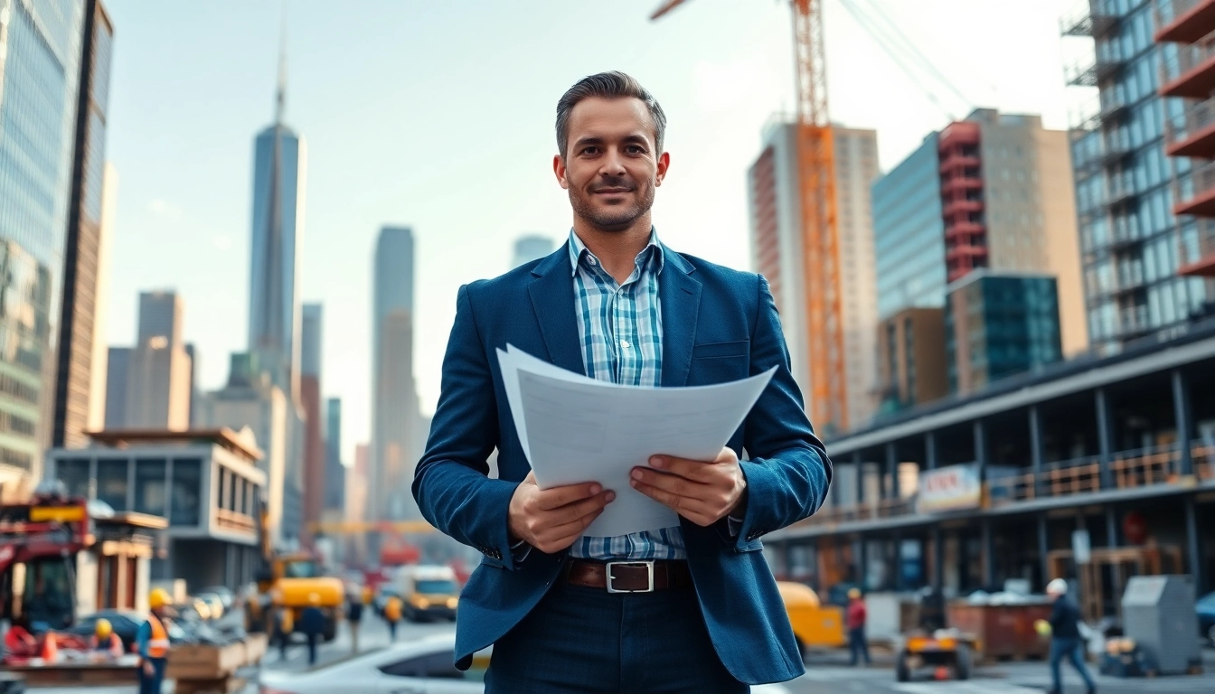 New York City Construction Manager overseeing a bustling construction site with blueprints in hand.