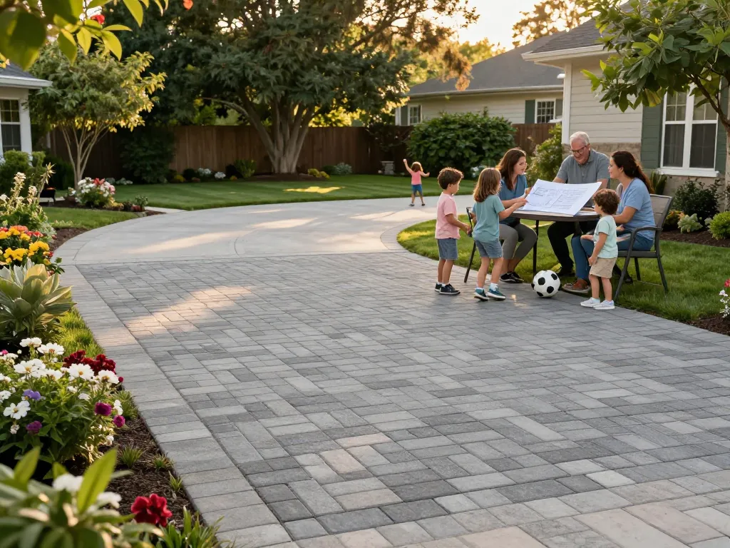 Paver driveway near me featuring a family enjoying backyard activities with sleek paver installation surrounded by greenery.