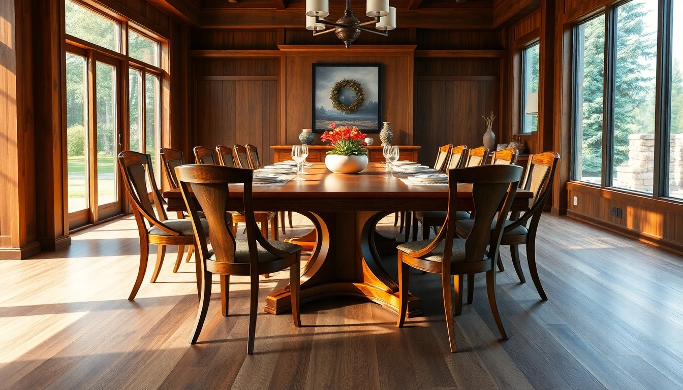 Handcrafted Grand Rapids Michigan furniture in a dining room setting with a starburst pedestal dining table.