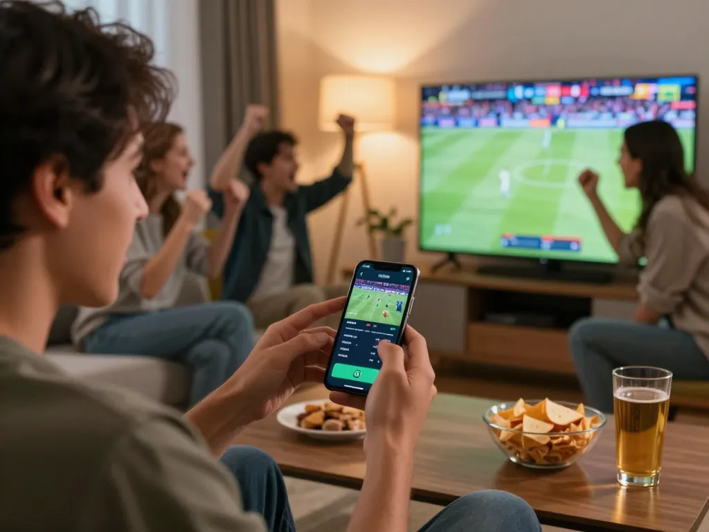 Pengguna yang terlibat memasang taruhan Judi Bola di smartphone sambil menonton pertandingan yang mendebarkan.