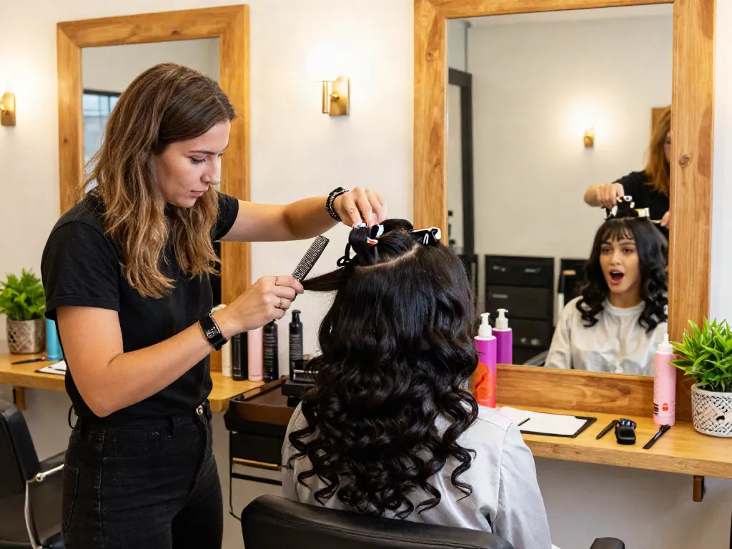 Stylish salon scene of curly hair clip in extensions being applied on a client with natural black hair, showcasing beauty transformation.