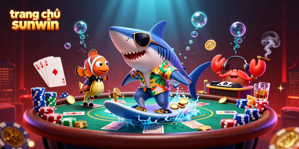Engage in the excitement of trang chủ sunwin as a shark surfs gold coins amidst casino elements.
