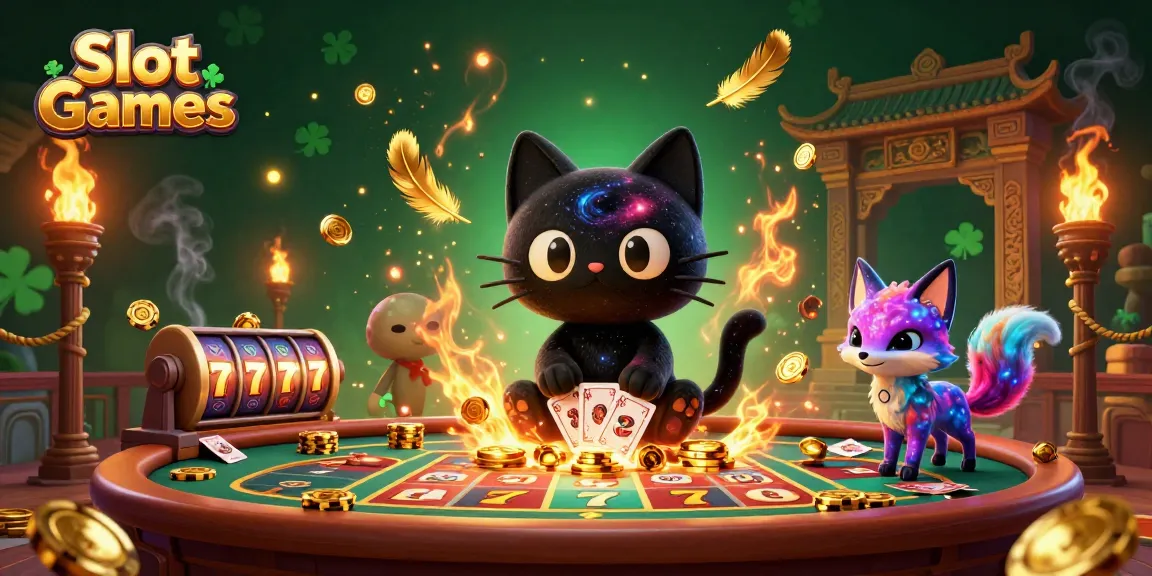 Engaging Slot Games scene featuring a cosmic cat and colorful fox amidst dynamic reels and golden tokens.