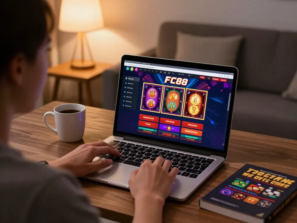 Engaging with the FC88 online casino interface at home, a player immerses in stylish gaming strategy.