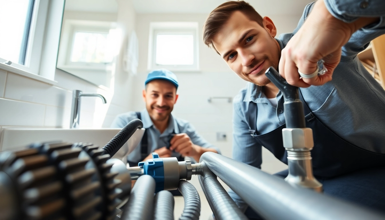 Find a reliable plumber near me fixing a pipe in a modern bathroom setting.