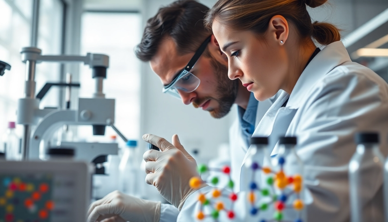 Explore https://hydroresearchpeptides.com/ with a scientist analyzing colorful peptide samples in a modern lab.