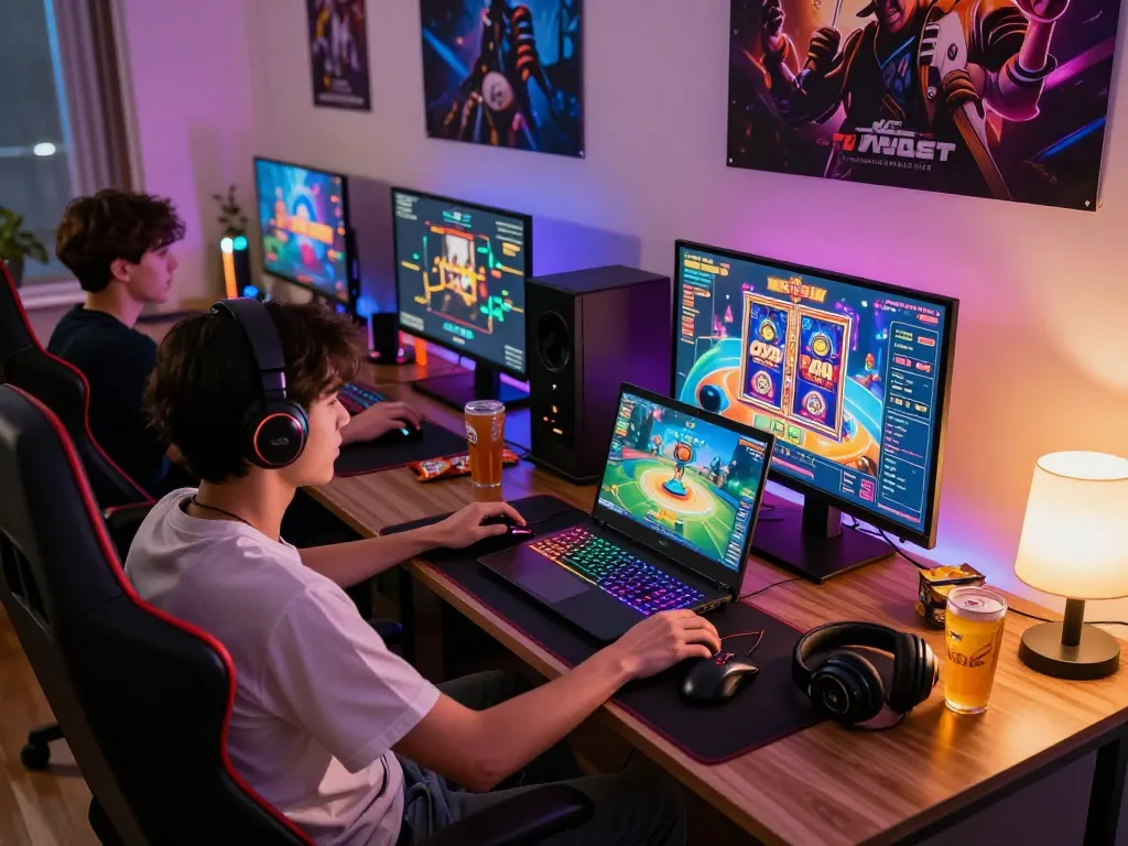Kartubet88 gaming enthusiast immersed in a vibrant online gaming setup with LED lights and multiple screens.