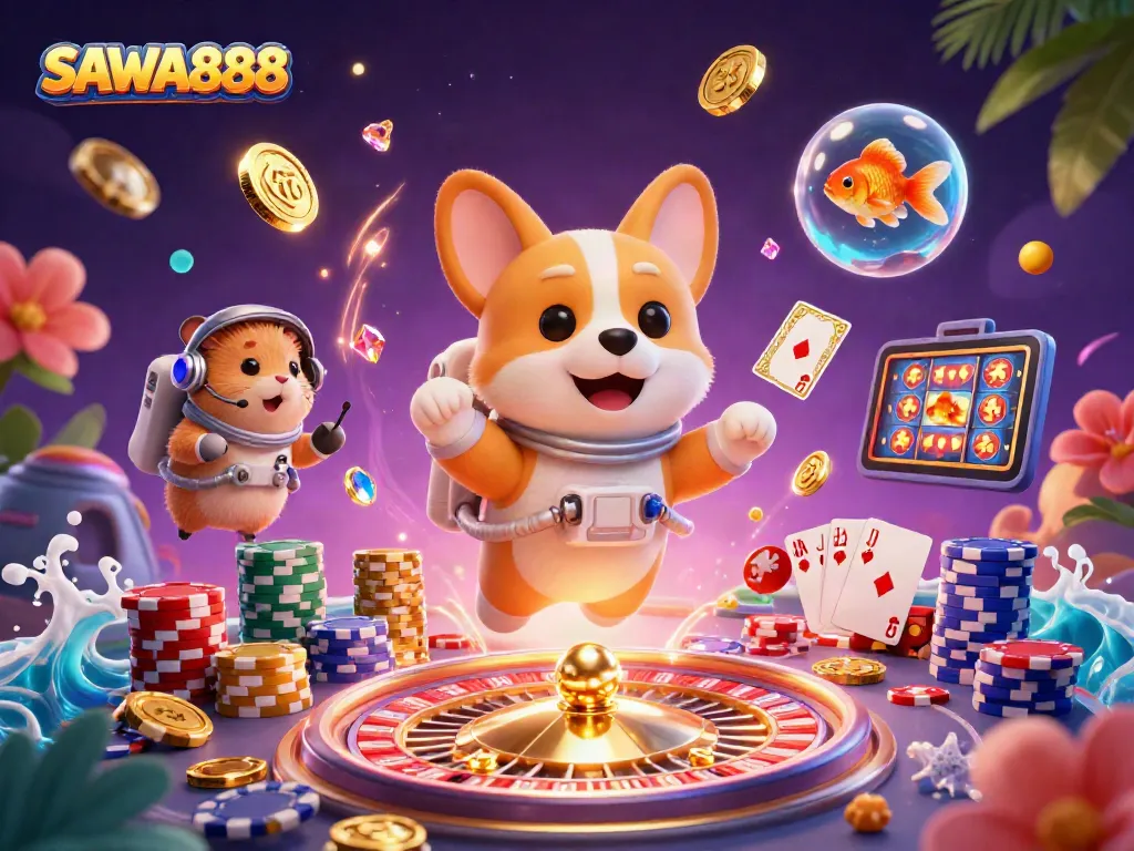 Experience SAWA888 with a 3D animated casino scene featuring a corgi and playful elements.