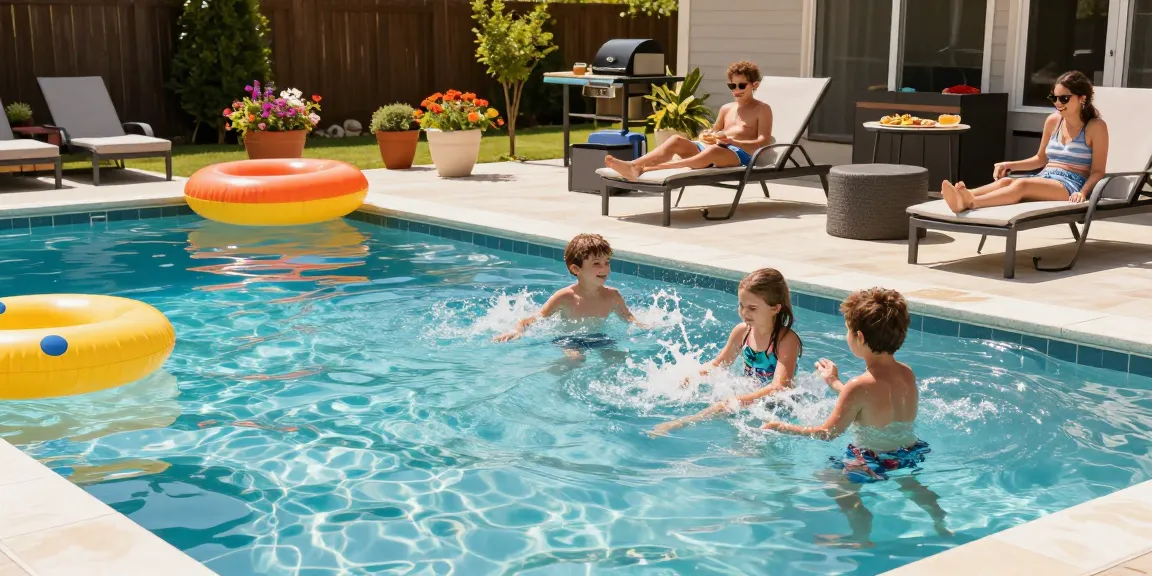 Dolphin Pool Services family enjoying a sunny day at their vibrant pool in Virginia, showcasing joyful activities and outdoor living.