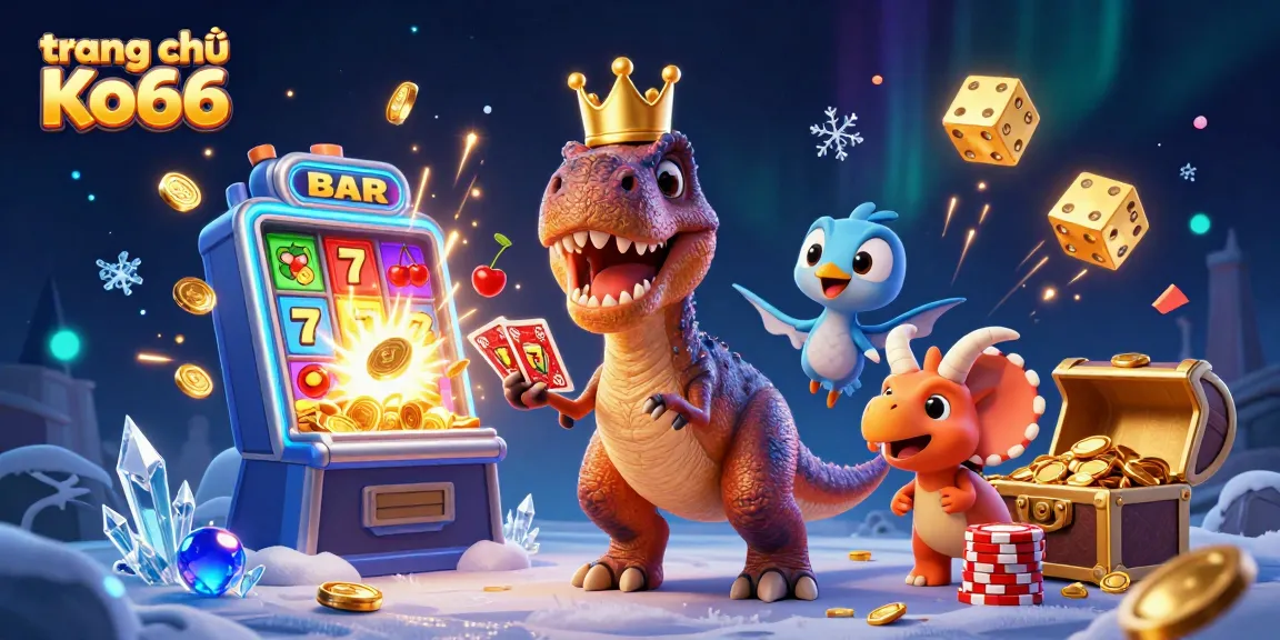 Experience the excitement of trang chủ Ko66 with a vibrant 3D casino illustration blending fun characters and dynamic gaming elements.