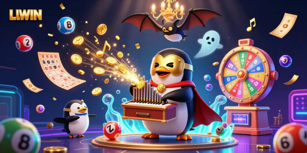 LLWIN enhances excitement with animated gambling elements and characters, including gold coins and lottery balls.