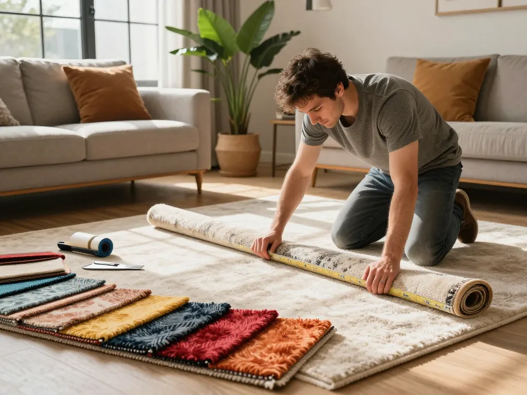 Expert carpet fitting services West London in a stylish living room with vibrant carpet samples and natural light.