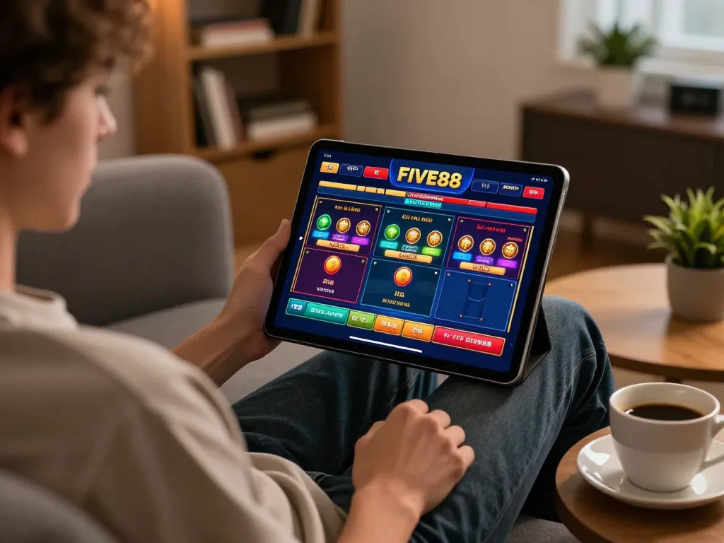 Engaging gaming moment on FIVE88 app while relaxing at home with tablet and coffee