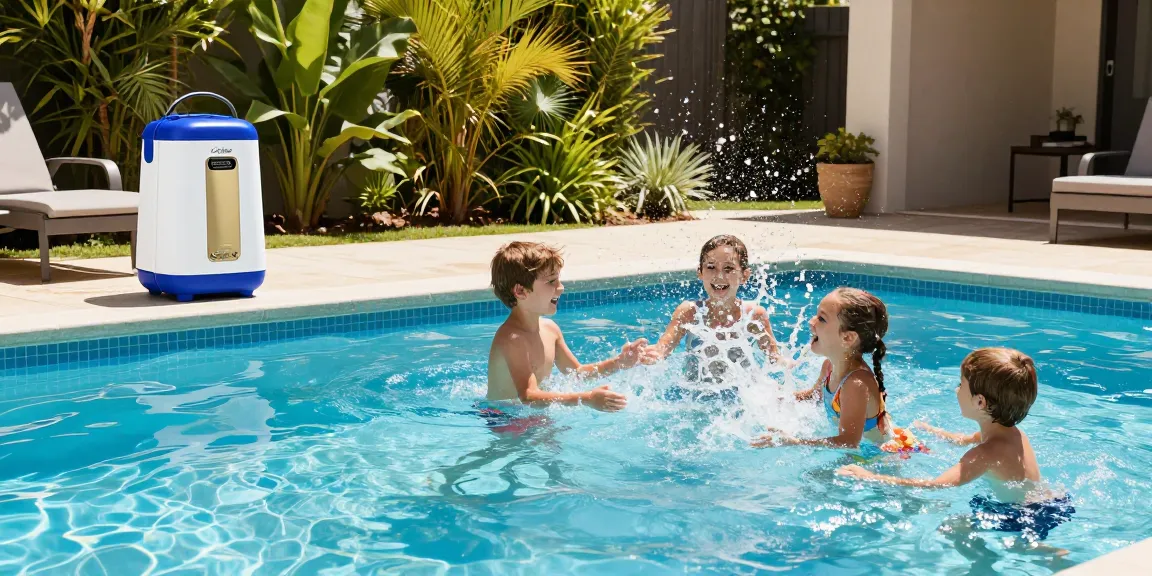 Best Pool Chlorinators in Australia visible in vibrant pool scene with family enjoying a sunny day.