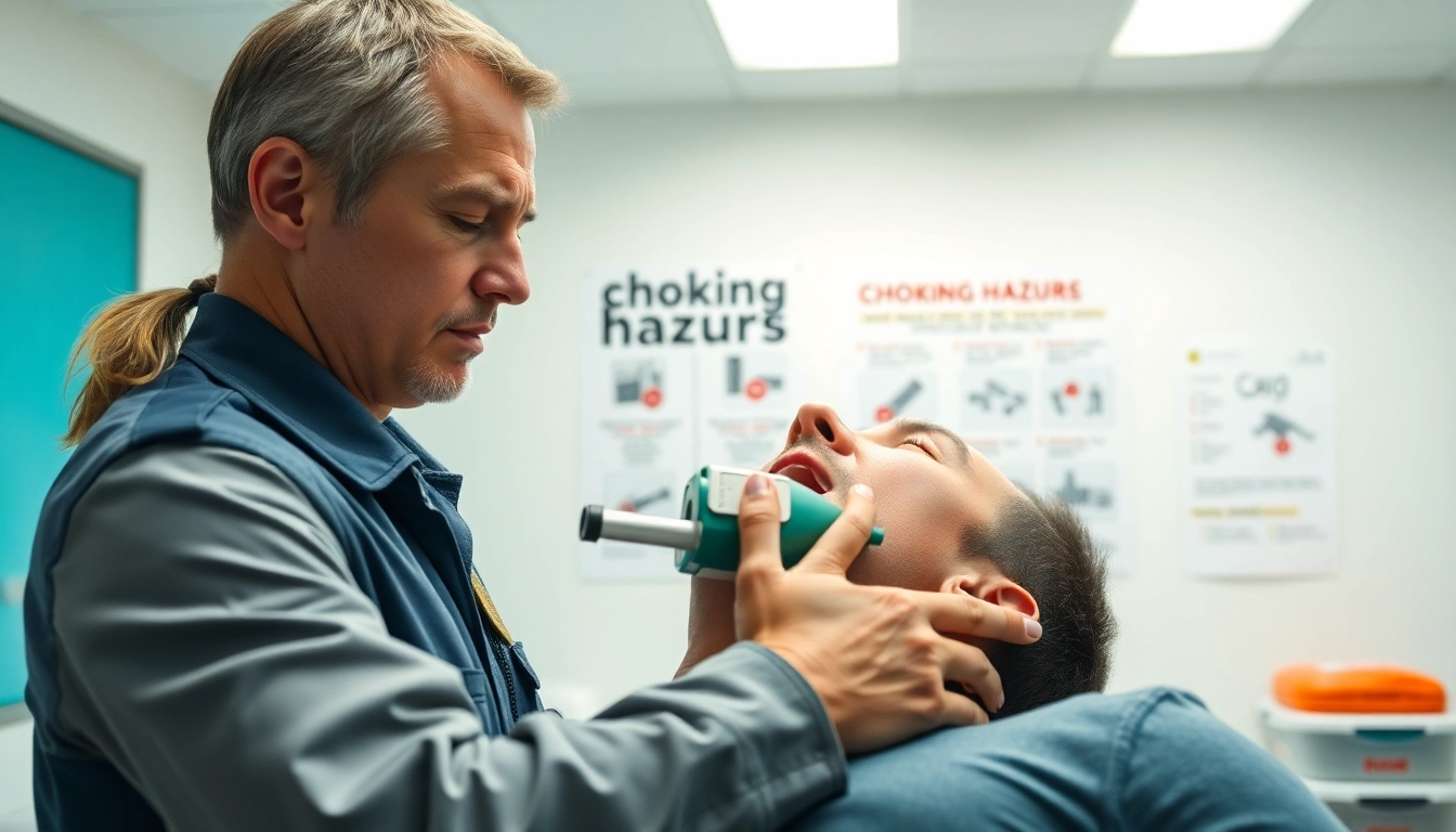 Rescuer using a choking rescue device on a training mannequin during emergency response training.