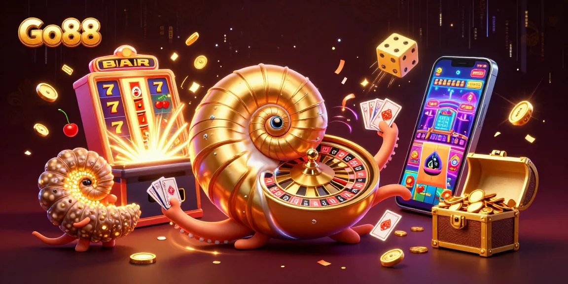 Go88 captures the excitement of online gaming with a dynamic casino-themed scene featuring vibrant symbols and characters.