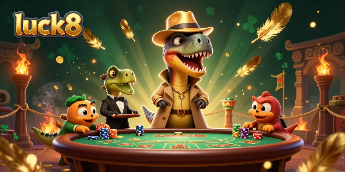 Experience luck8 with a velociraptor card counter and stegosaurus pit boss in a vibrant casino scene.