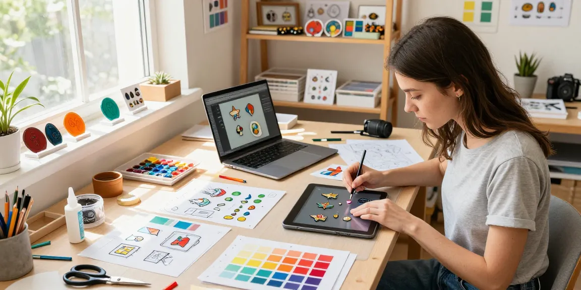 Custom acrylic pins creation in a vibrant craft workshop with designer and colorful materials.