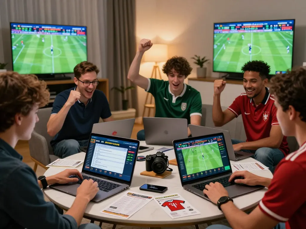 Excited players experiencing the OKFUN online betting platform during a live football match.