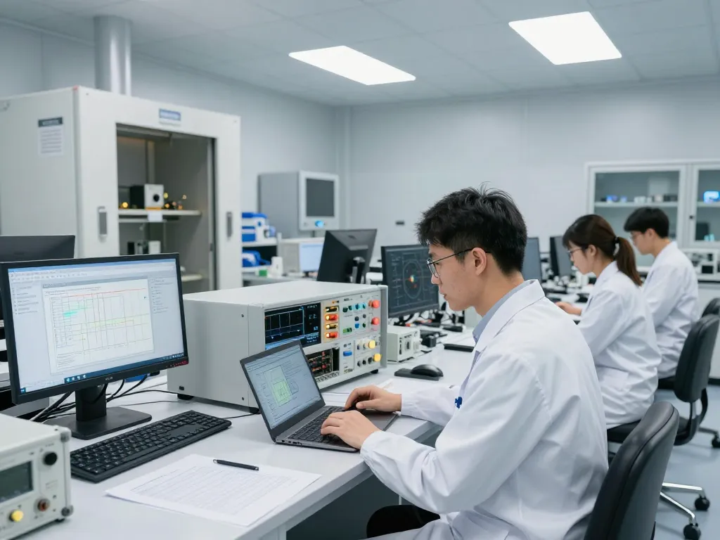 Engineers conducting EMC testing in a modern lab with advanced technology and precision equipment.