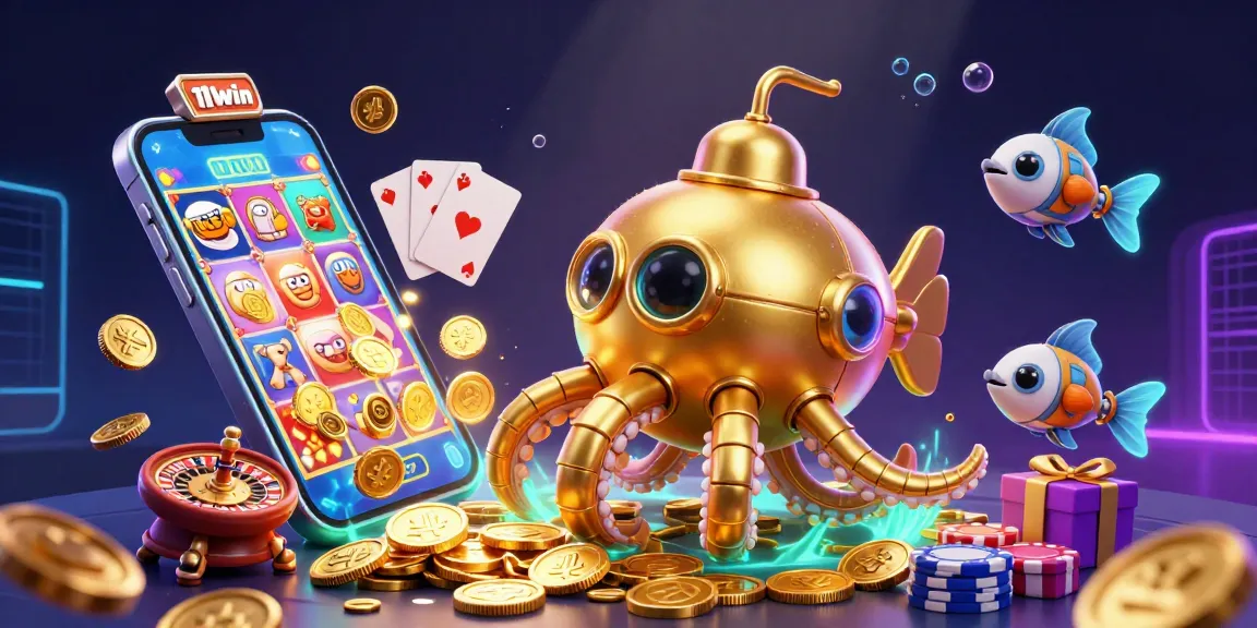 Join the action at 11win with a vibrant underwater casino scene featuring a kraken and slot games.