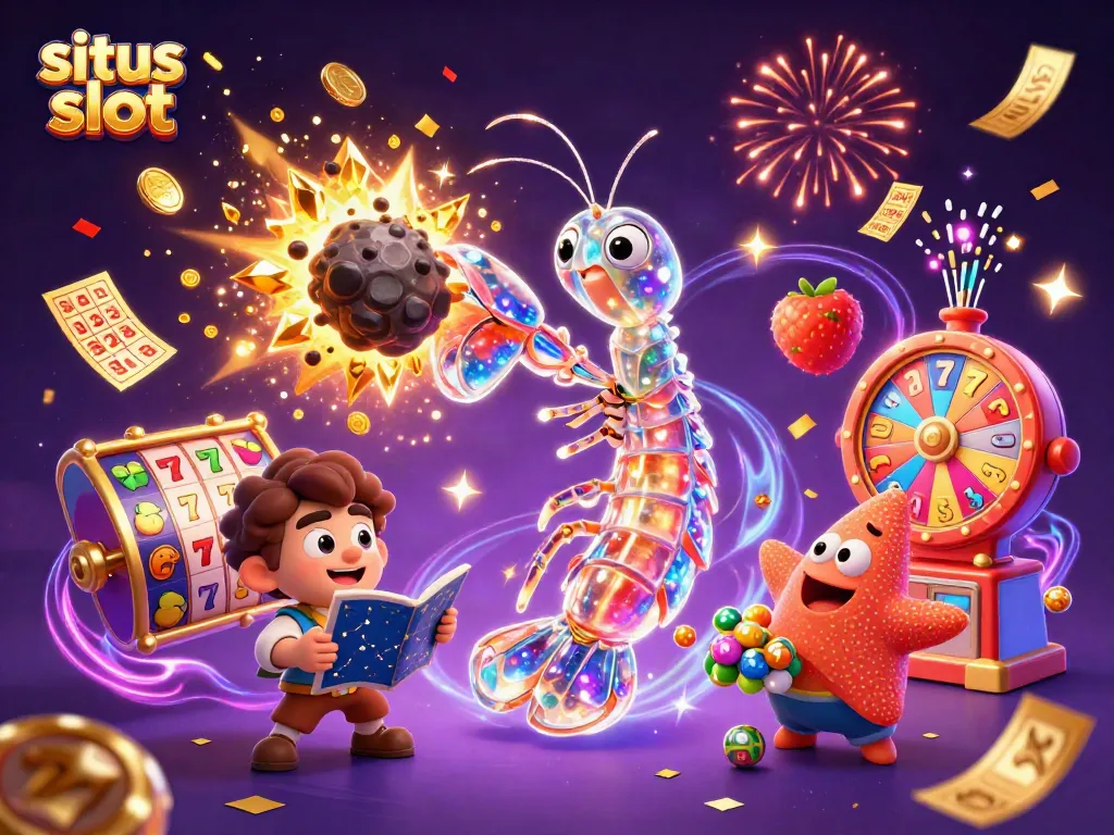 Engage players at situs slot with a vibrant 3D scene filled with winning slots, coins, and magical characters.