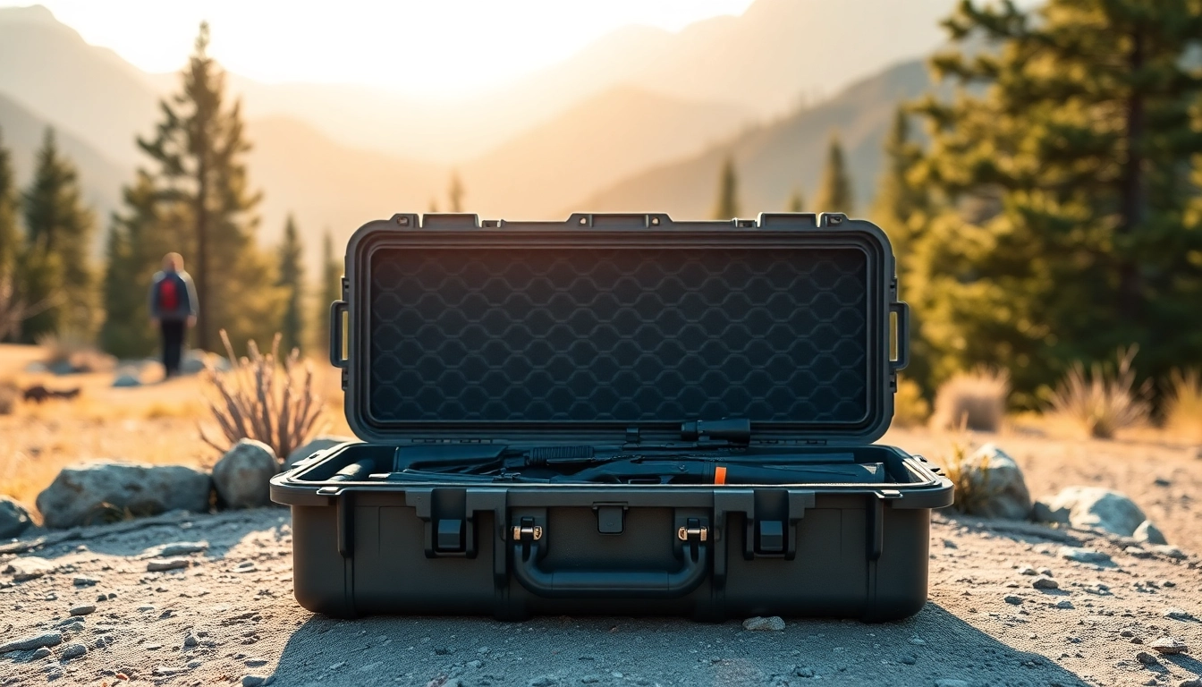 Showcase a Pelican gun case for sale with firearms, set against a rugged outdoor backdrop.