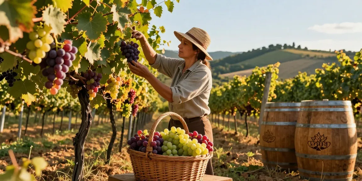 Harvesting grapes in a vineyard showcasing Chattoo wines surrounded by nature.