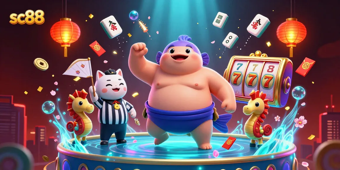 Engaging sc88 scene with a fugu sumo wrestler, catfish referee, and slot elements in a vibrant underwater casino.