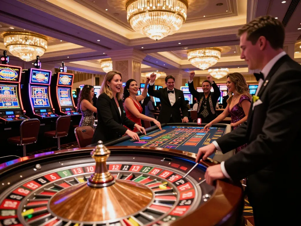 Players at a casino celebrating victories with dewa6d games in a lively Las Vegas atmosphere.