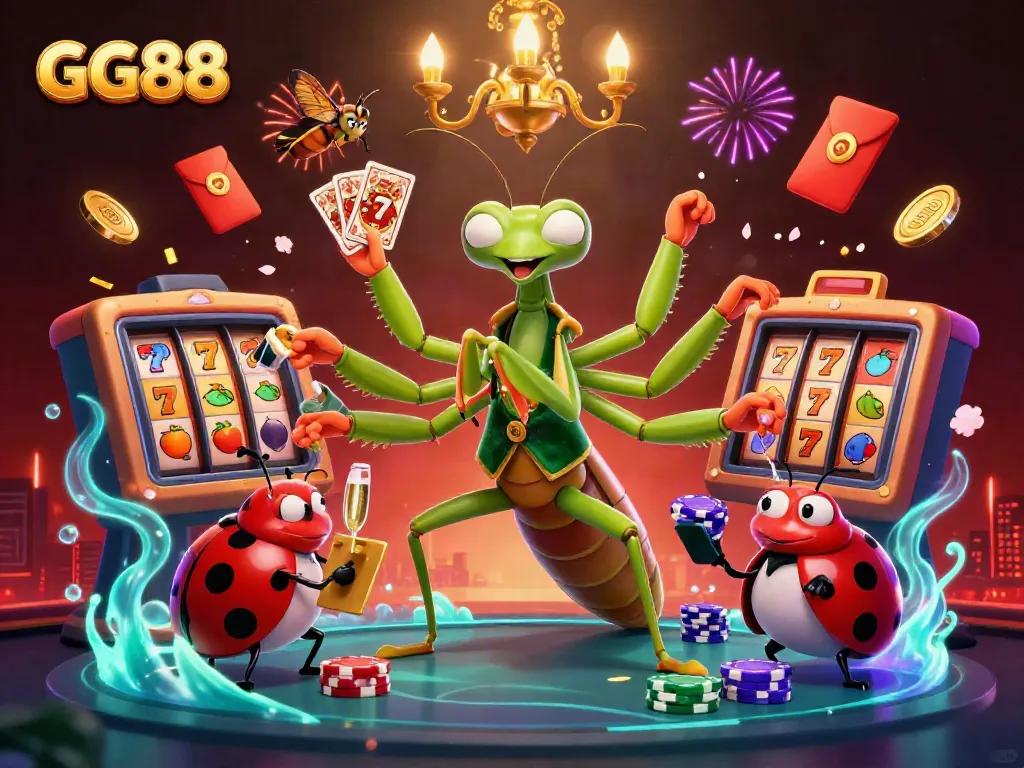 Experience thrilling gameplay with GG88 as a giant praying mantis dealer orchestrates exciting casino elements in this vibrant 3D illustration.