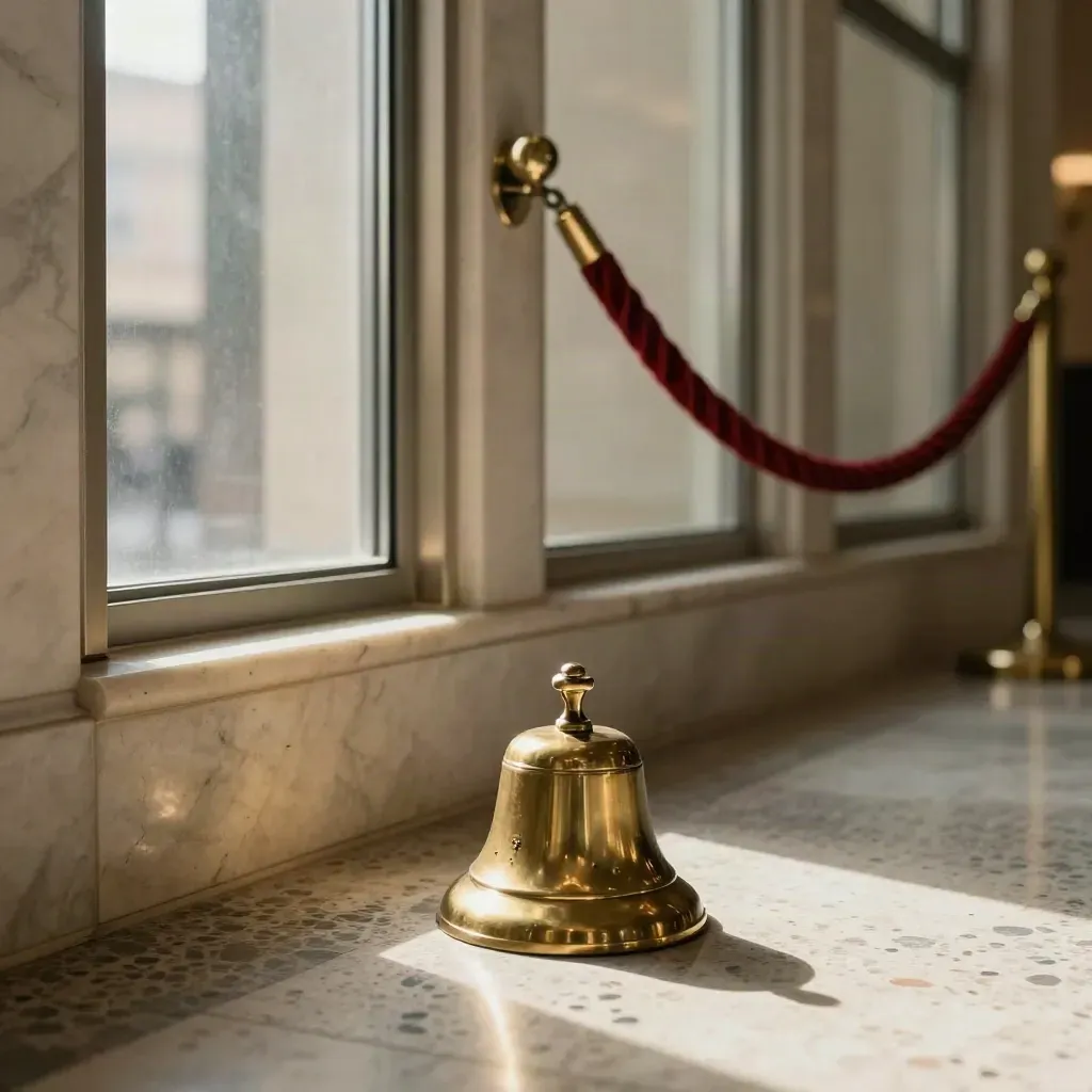 Brass bell in a marble bank lobby with crimson rope and empty teller windows at dawn