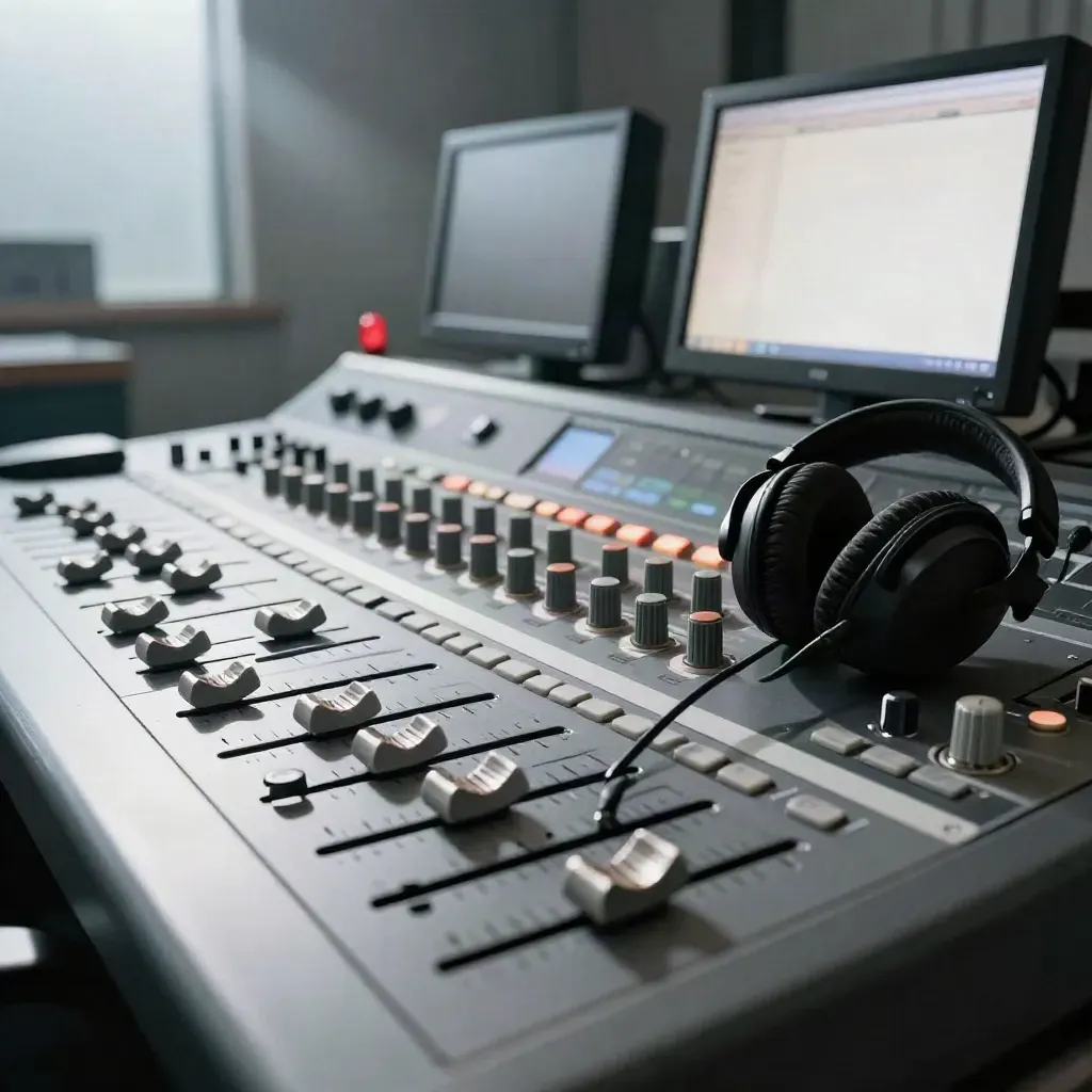 Empty broadcast control room console with glowing tally light and silent monitors
