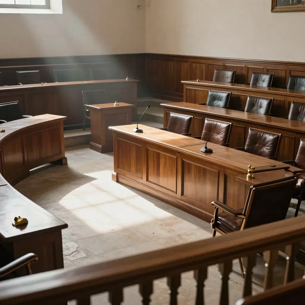 Empty council chamber with walnut desks, microphone stand and folded chairs in late-afternoon light.