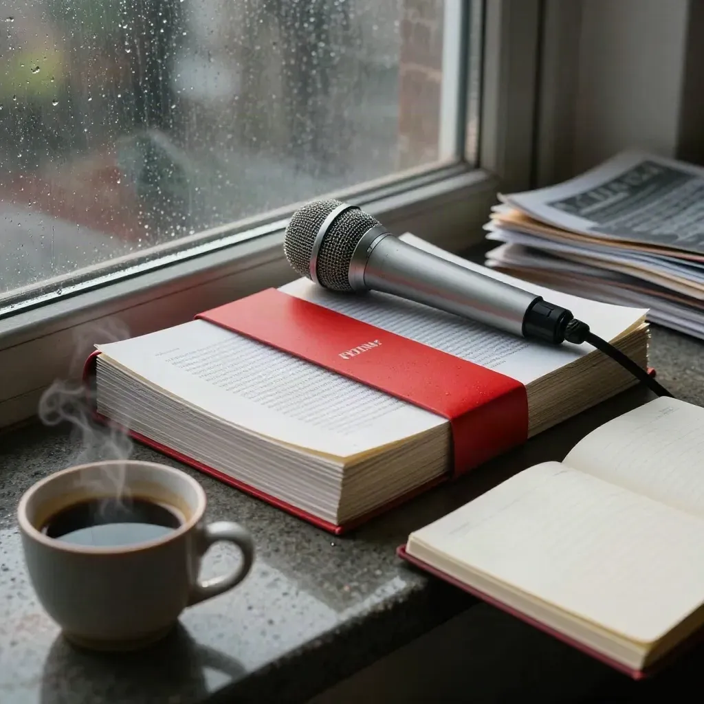 Rainy newsroom still life with manuscript, microphone, coffee cup, and proof pages.