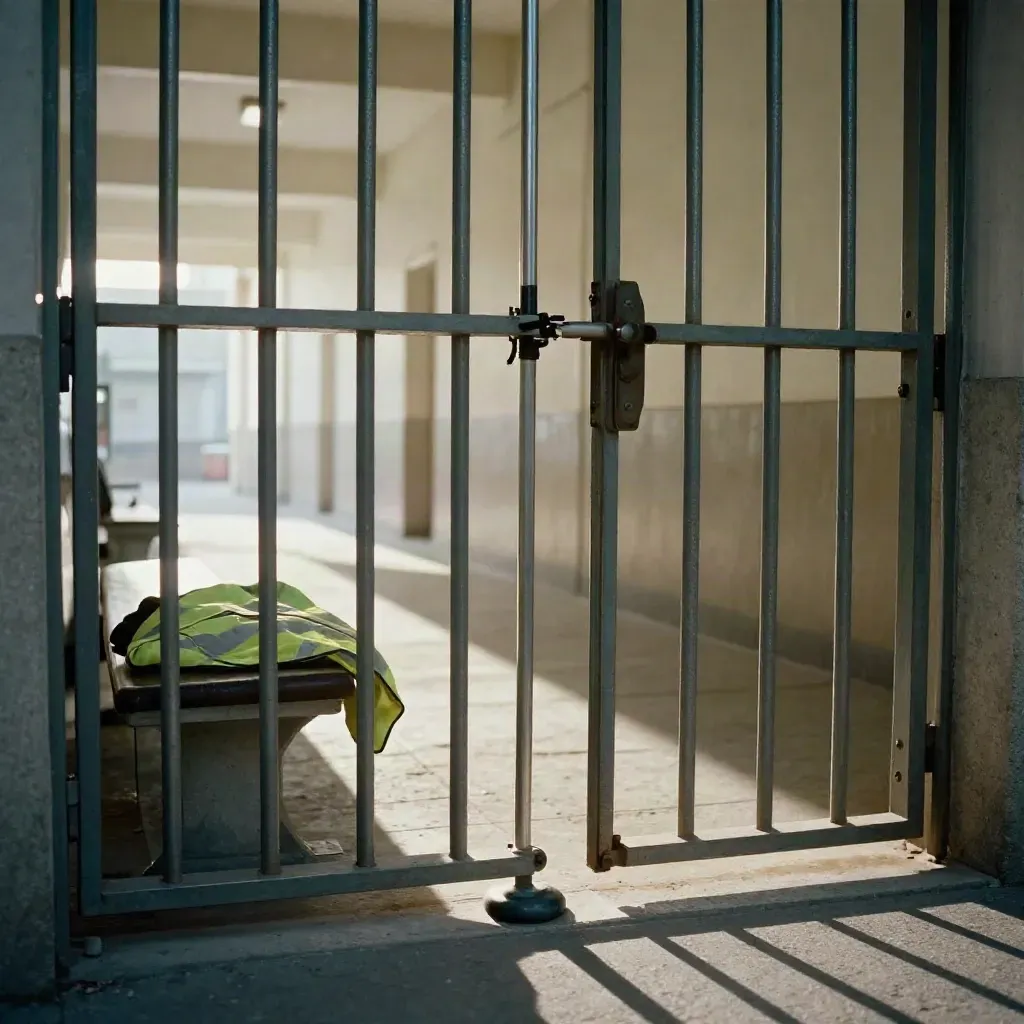 Steel security gate swings shut in a public building corridor, with rails and a folded vest on a bench.