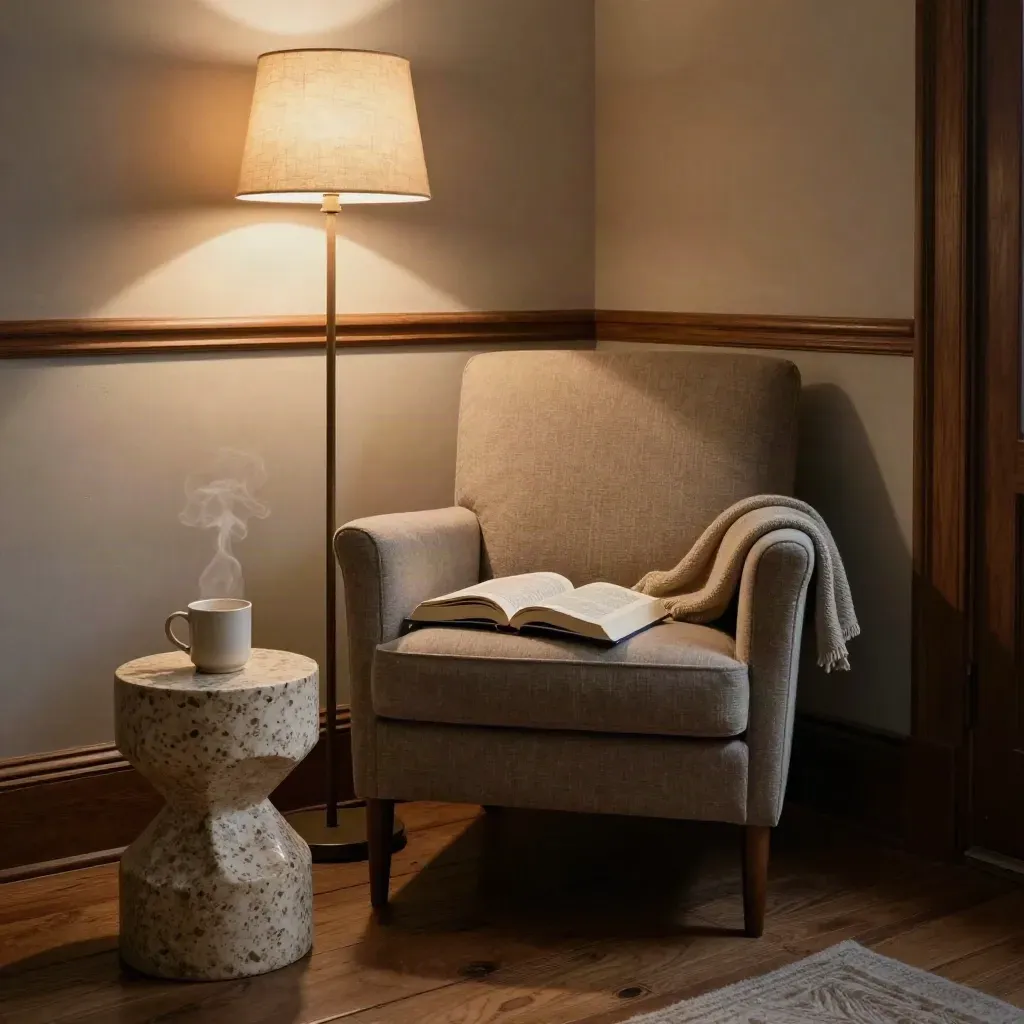 Cozy reading nook with face-down books, glowing floor lamp and ceramic mug at dusk.