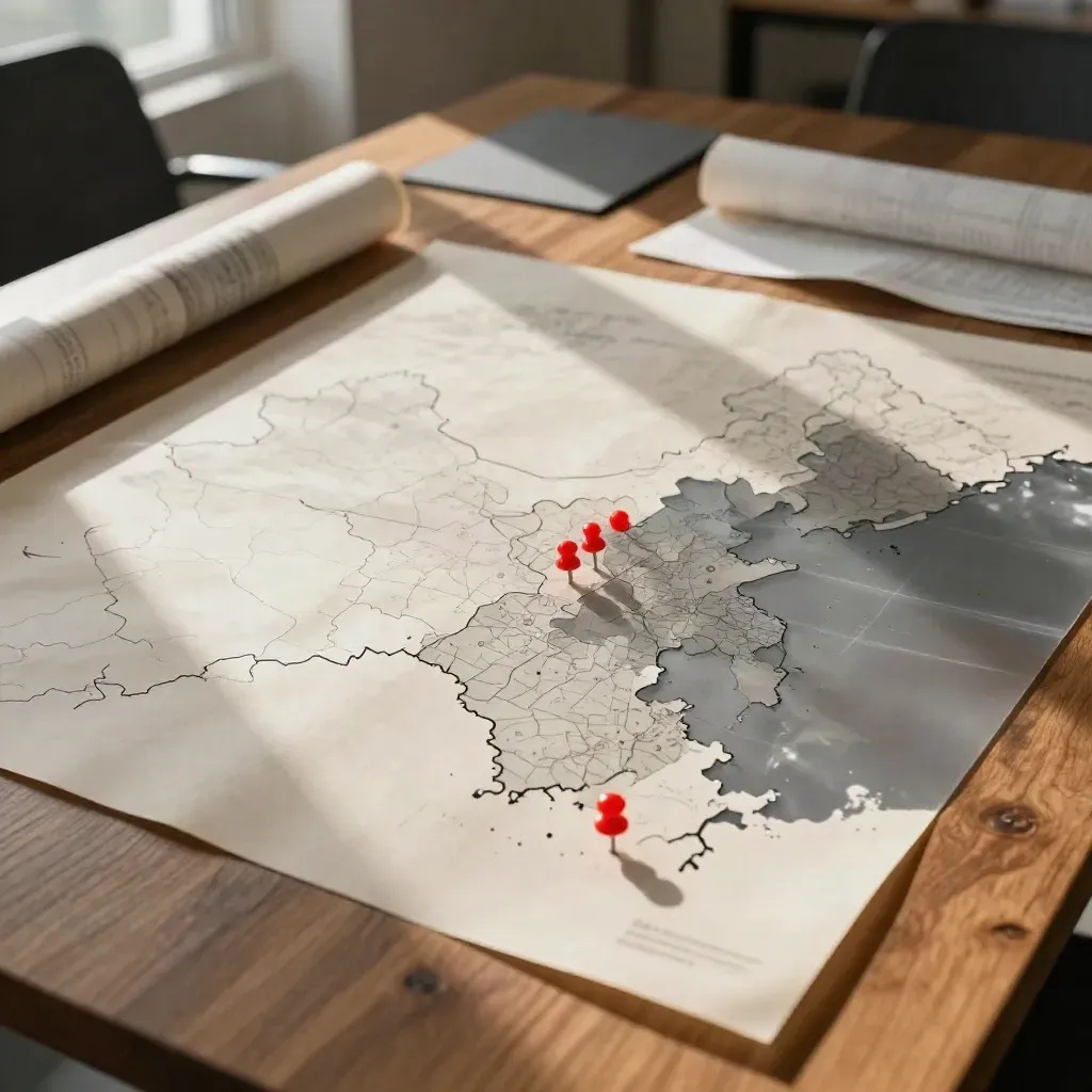 Overhead campaign table with district maps, crimson pins, and a rolled survey tube in soft editorial light