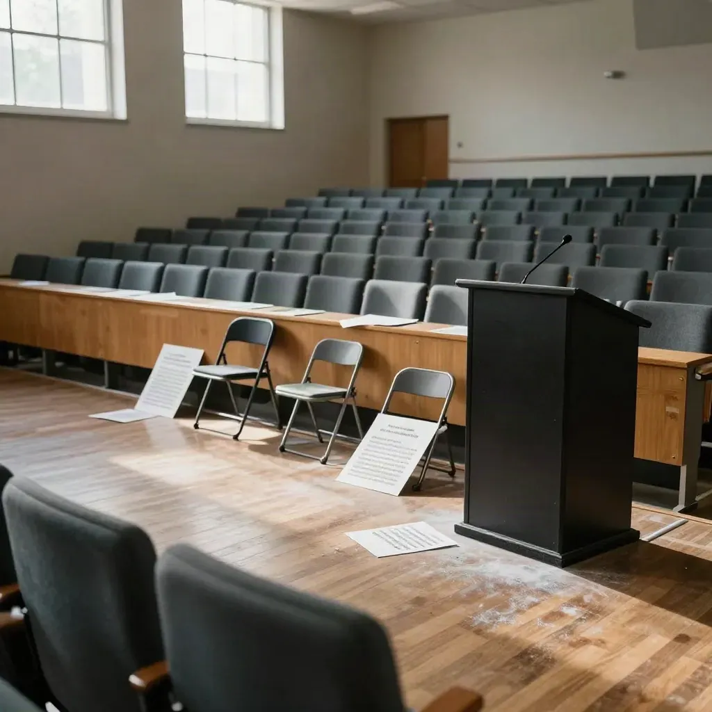 Empty lecture hall after a debate, with podium, scattered placards, and uneven chairs in cold light
