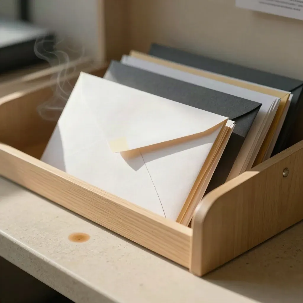 Newsroom inbox tray of sealed reader envelopes with coffee ring and steam
