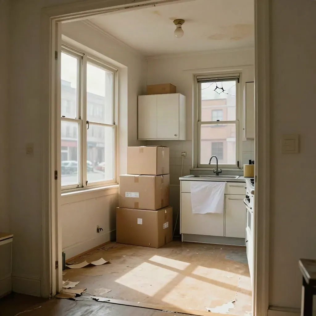 Empty rent-controlled kitchen with boxes, cracked window light and peeling linoleum