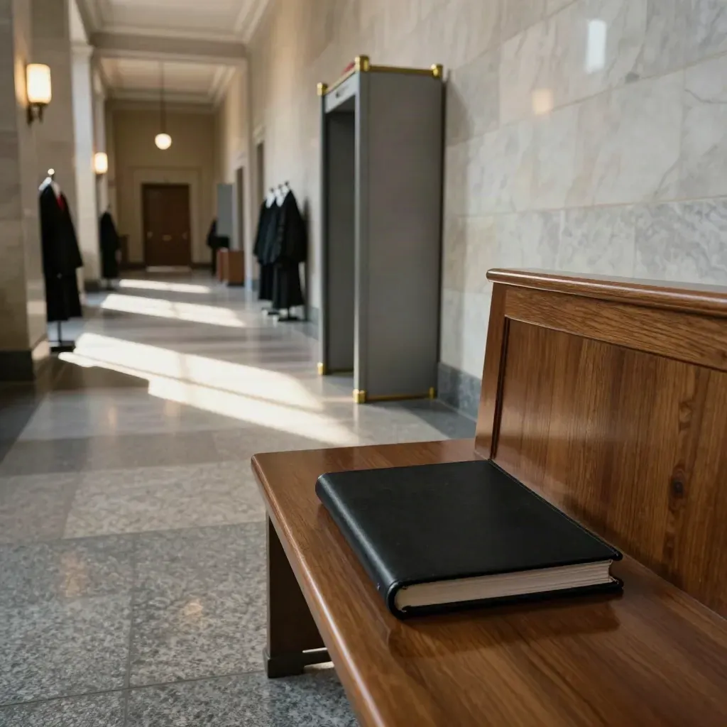 Empty courthouse hallway with a sealed folder on a bench and a metal detector arch in late sun.