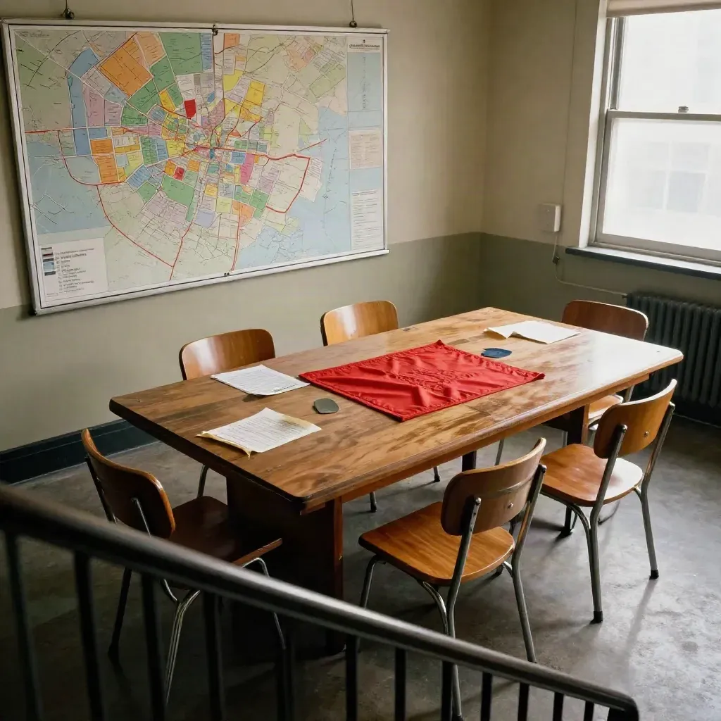 Empty precinct board room with wall map, overturned chairs, and a face-down banner in humid daylight.