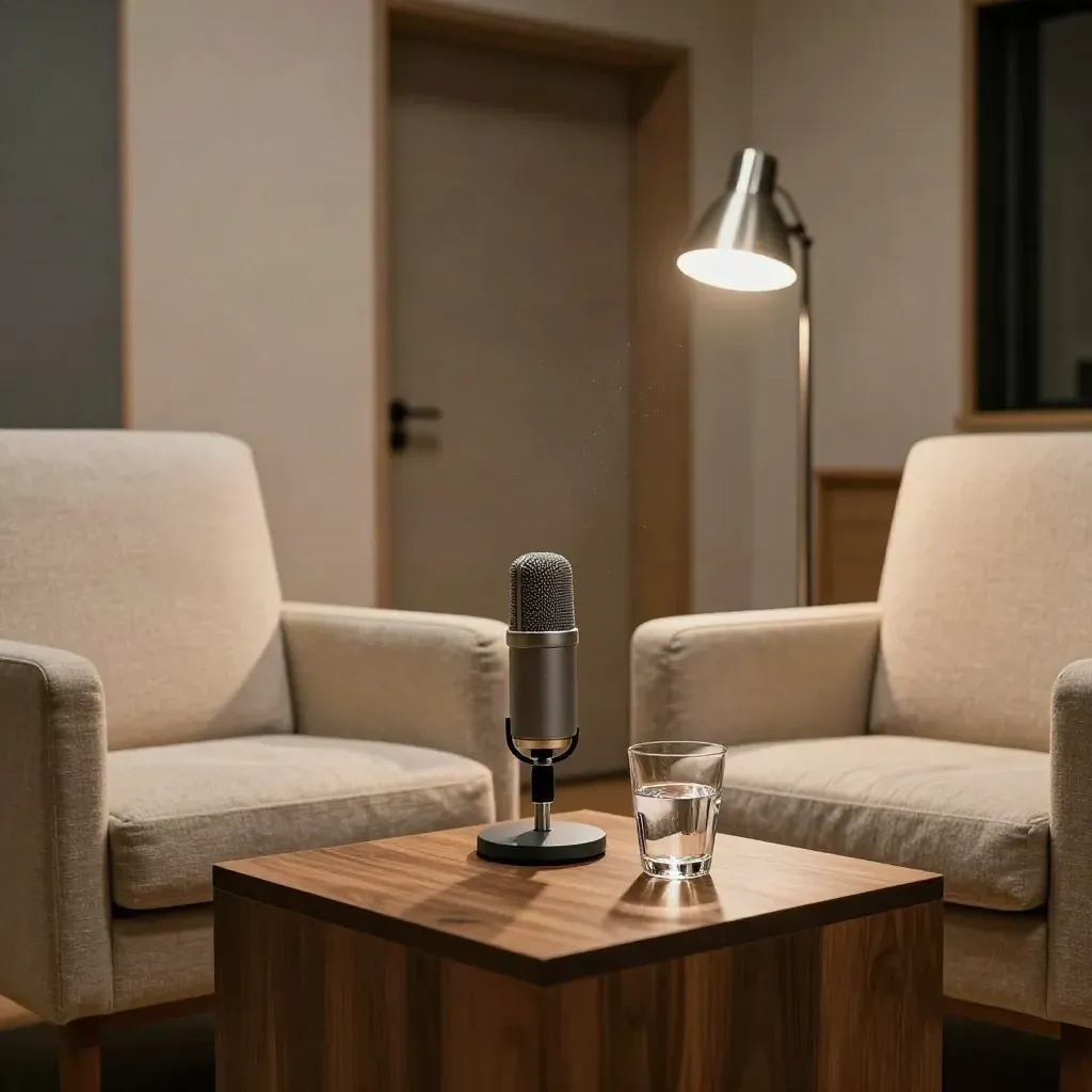 Empty interview nook with armchairs, tabletop mic, and water glass in dusk light.