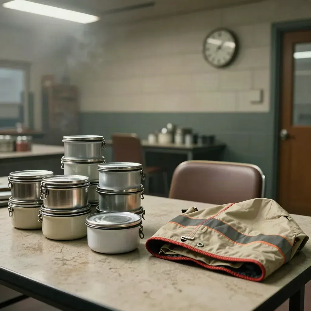 Factory break room lunch tins, safety jacket, and a softened clock between shifts.